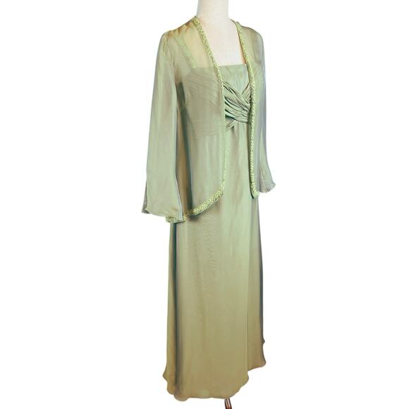 Cameron Blake Two Piece Formal Silk Chiffon Gown Jacket Dress Green Beaded Sz 10 - Picture 2 of 11